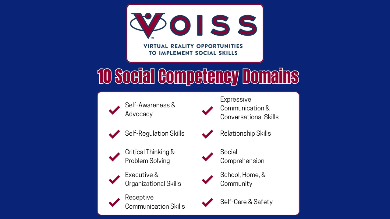 An infographic listing the ten social competency domains in VOISS.